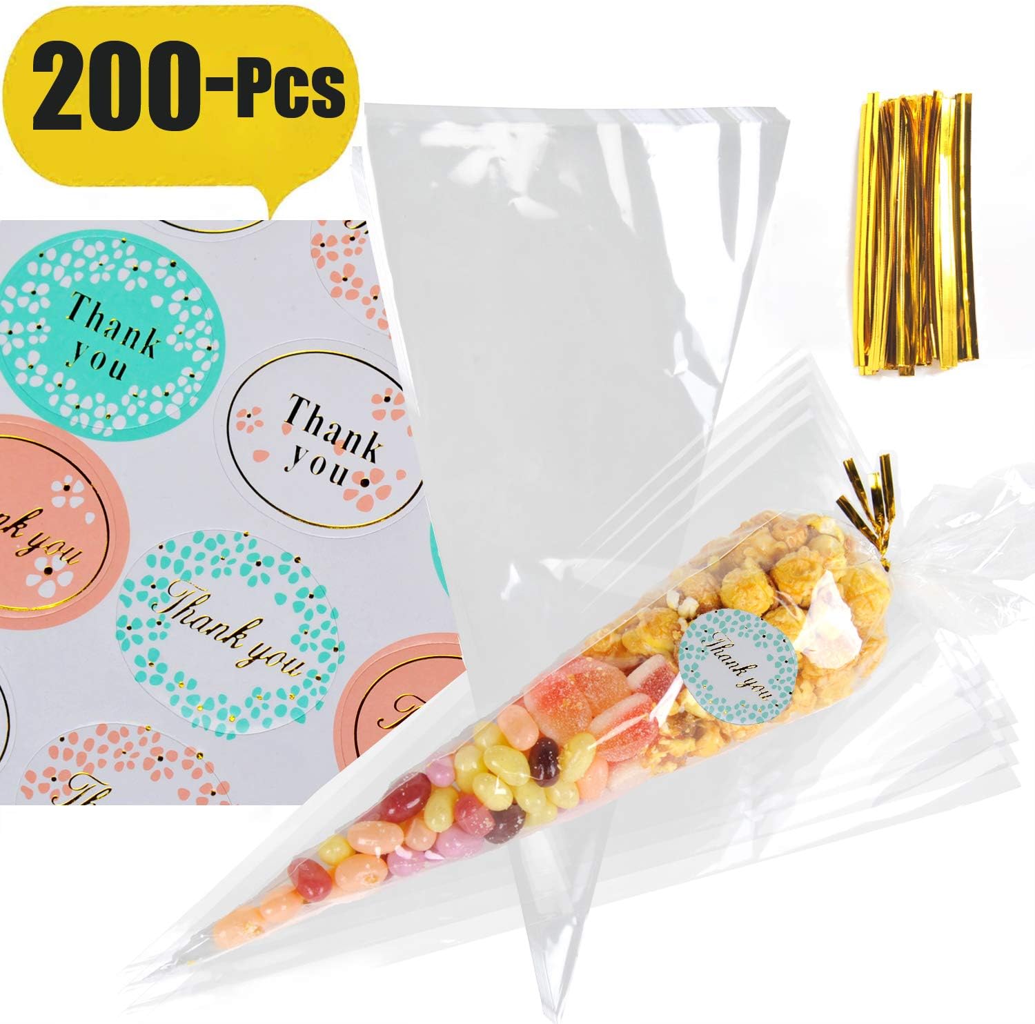 200Pcs Sweet Cones - Cellophane Clear Sweet Cones with Ties Sweet Cone Bags and Ties Party Bags for Gift Wedding Birthday Party Favors with 216 Pcs Thank You Stickers