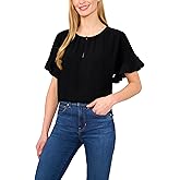 CeCe Womens Short Sleeve Half Button Flowy Blouse