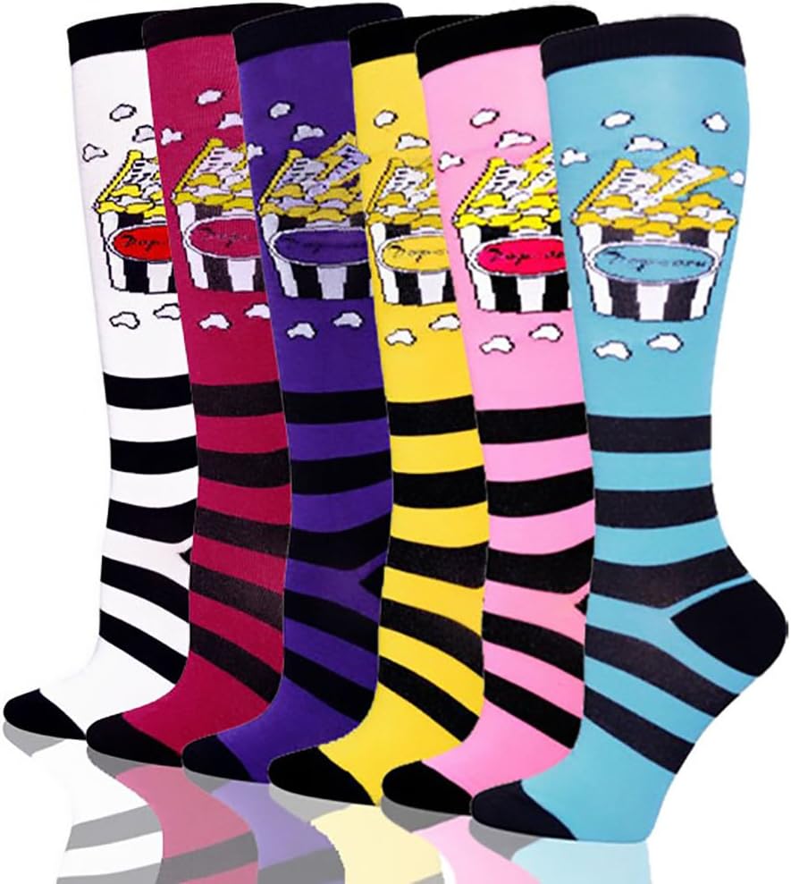 Women's Soft Knee High Socks,Casual, Fun, Multi Color Value 6 Pack (Popcorn-6pk)