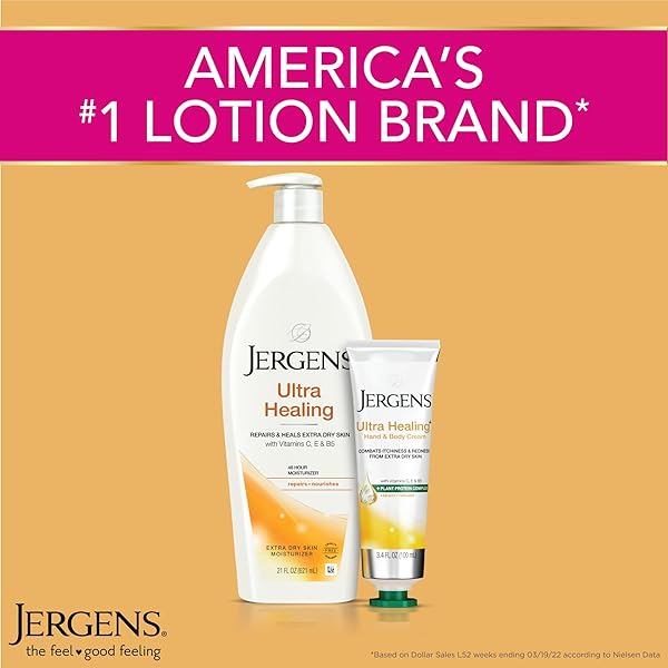 JERGENS ULTRA HEALING DRY SKIN LOTION, HAND AND BODY MOISTURIZER FOR QUICK ABSORPTION INTO EXTRA DRY SKIN WITH HYDRALUCENCE BLEND, VITAMINS C, E AND B5, WHITE, 32OZ