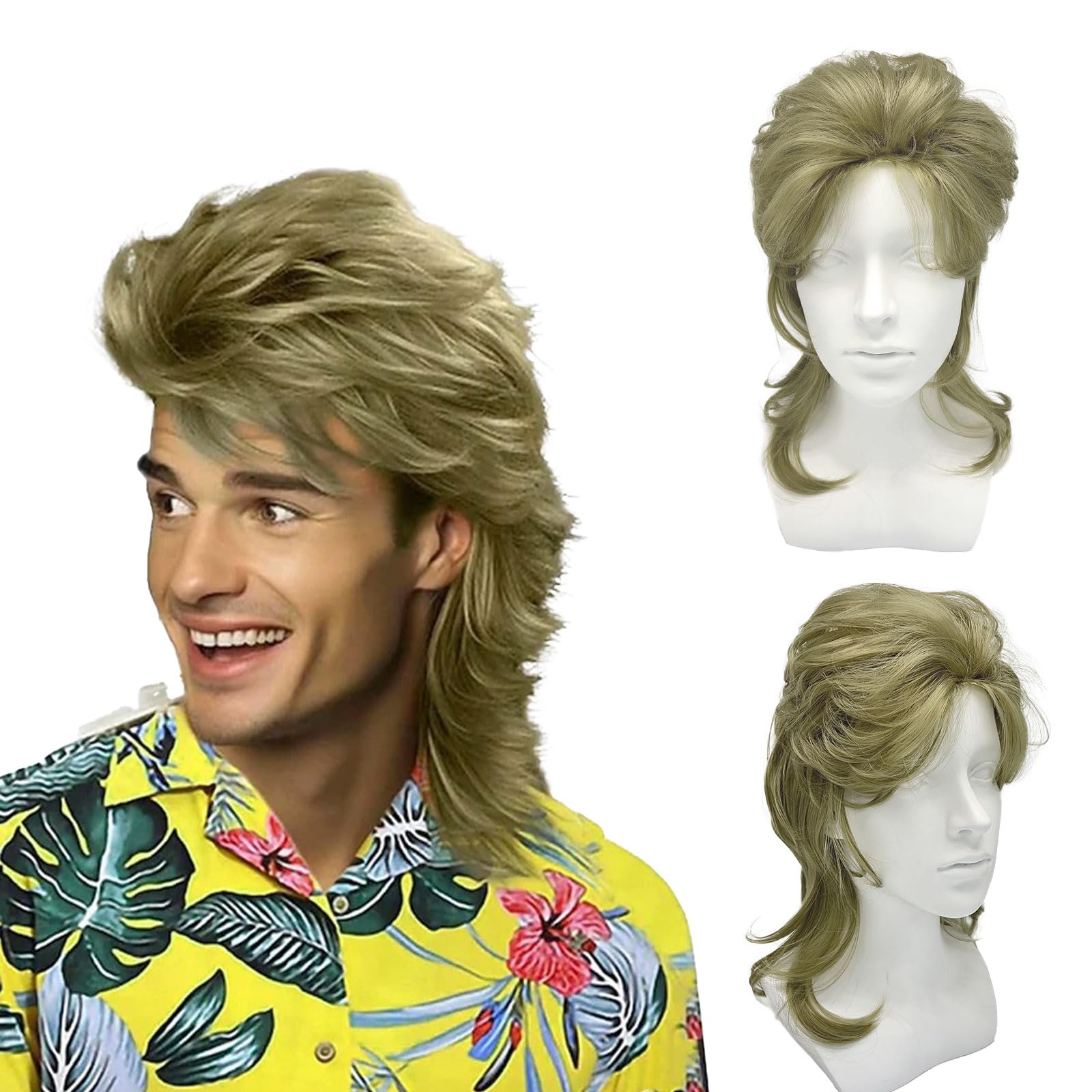 UILYNIU Blonde Mullet Mens 80s Wig - Rocker, Hippie Pop Rock Long Curly 70s Costume for Adult - Halloween Carnival Fashion Fancy Theme Party