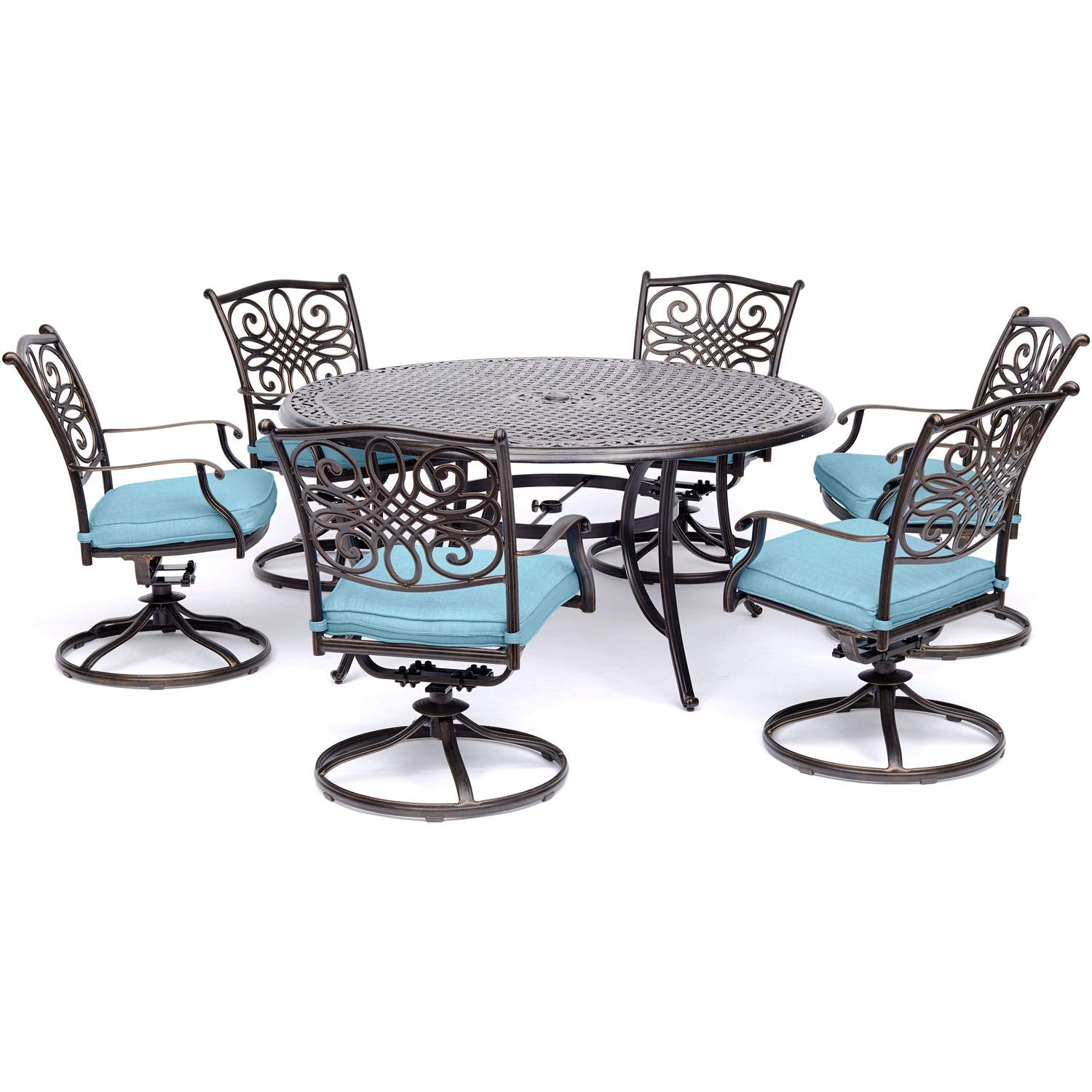 Photo 1 of (2 chairs only) ((trcuk/trailer pick up only)
Hanover Traditions 7-Piece Patio Dining Set with 60" Round Cast-Top Table and Swivel Rockers with Blue Cushions, Patio Dining Set for 6, Premium Weather Resistant Outdoor Dining Set