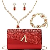 Buric Glitter Evening Clutch Purse for Women Sparkly Shiny Handbag Ladies Wedding Prom Purse with Detachable Chain 4 Pieces Rhinestone Jewelry Set