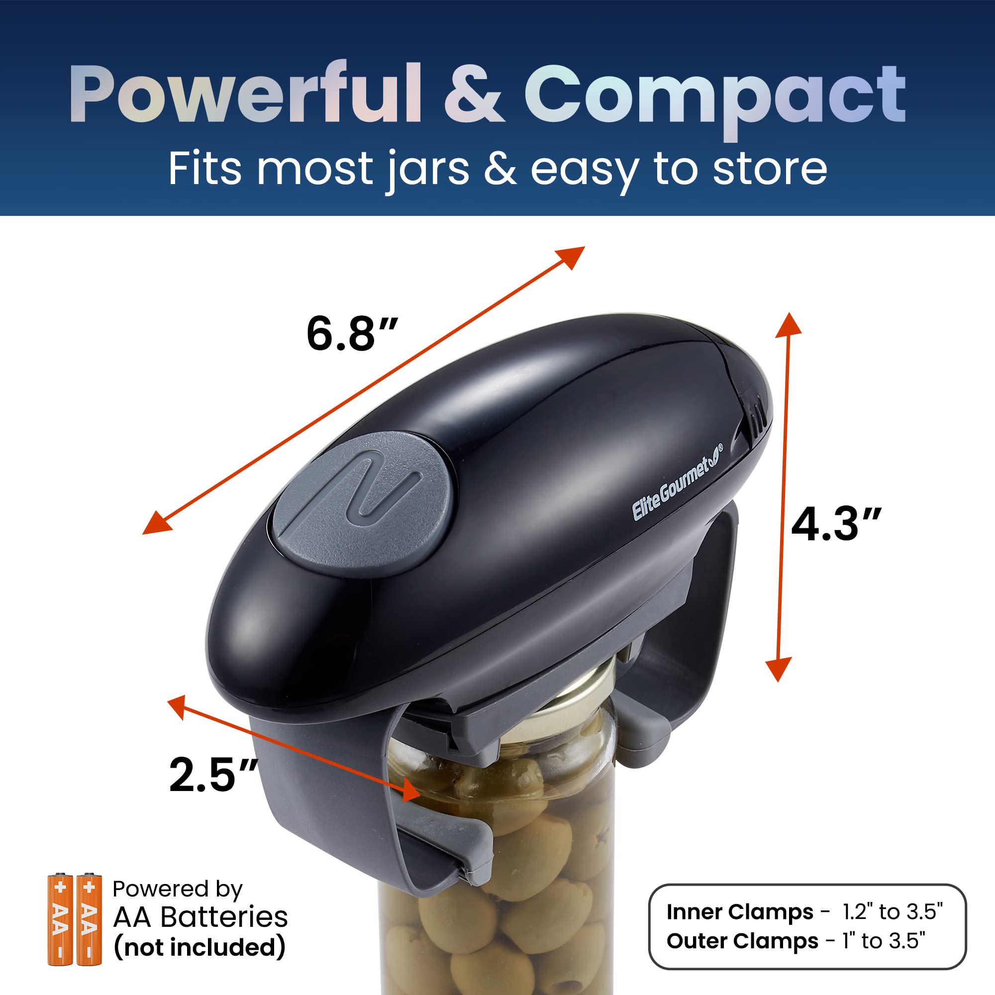 Elite Gourmet EJO800 High Power Torque Automatic Battery Operated Electric Jar Opener, One-Touch Electric Operation, Easily Remove Most-Size Lids with Auto-Size Guides, Black/Gray