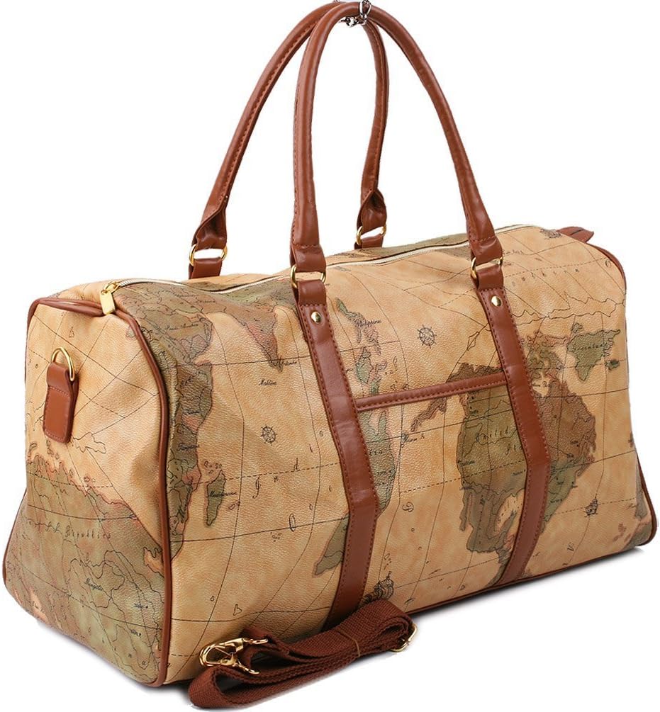 Copi World Map Large Duffle Bag Travel Tote Luggage Boston Style Khaki