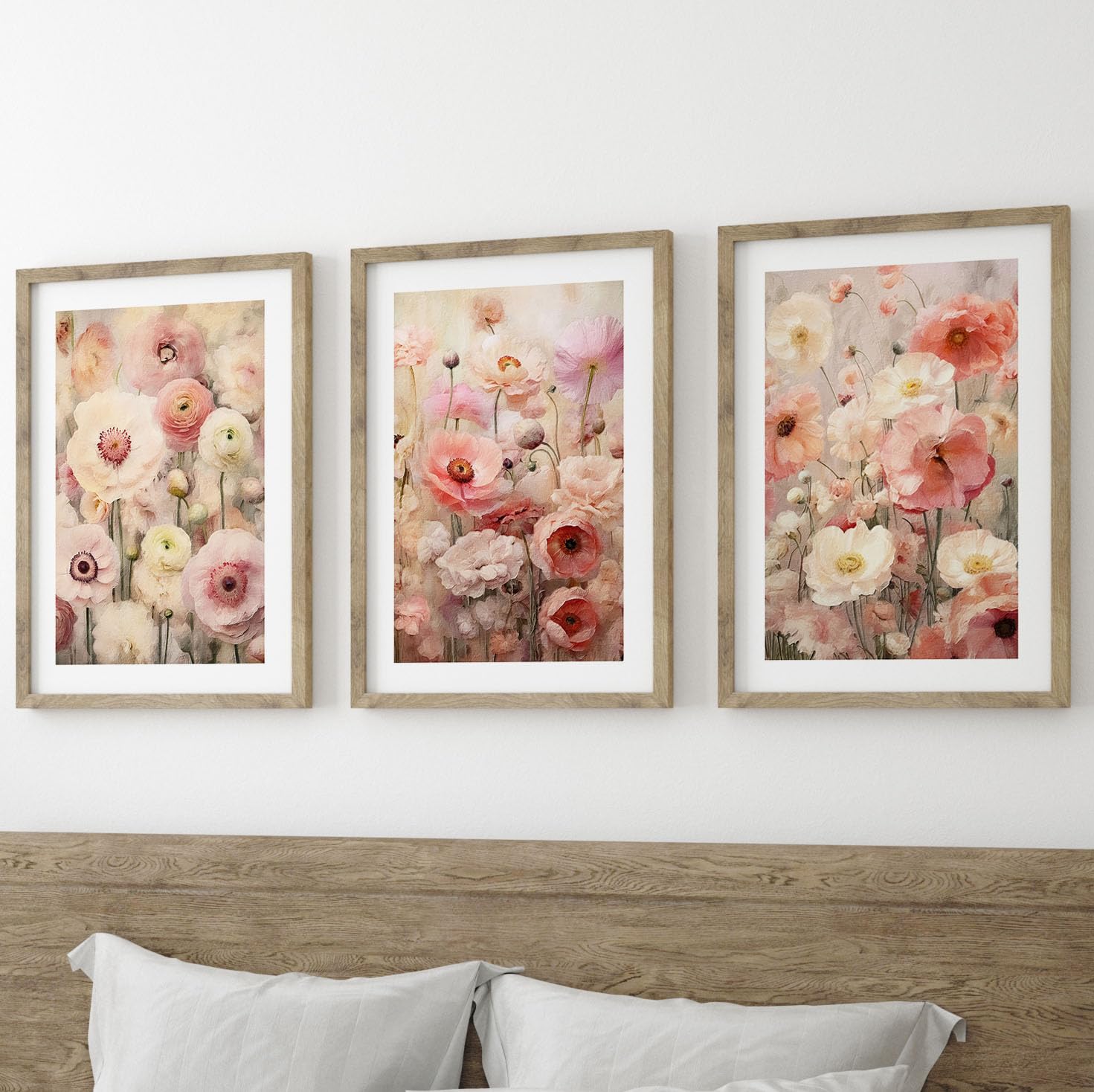 Texture Style Beautiful Pink Ranunculus Flowers Wall Art Set of 3 Unframed Poster Prints, Botanical Plant Decor, Living Room Bedroom Bathroom Poster Home Decor, Digital Art, Persian Buttercup (A4) — image 1