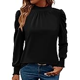 LUYAA Puff Long Sleeve Shirts for Women Tops Dressy Casual Frill Mock Neck Smocked Cuffs Blouses