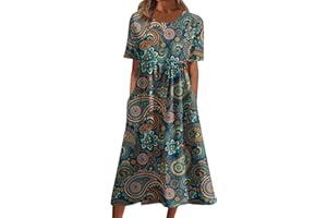 Kenvina Summer Dresses for Women 2024 Boho Short Sleeve Crewneck Sundress Trendy Babydoll Printed Midi Dress with Pockets