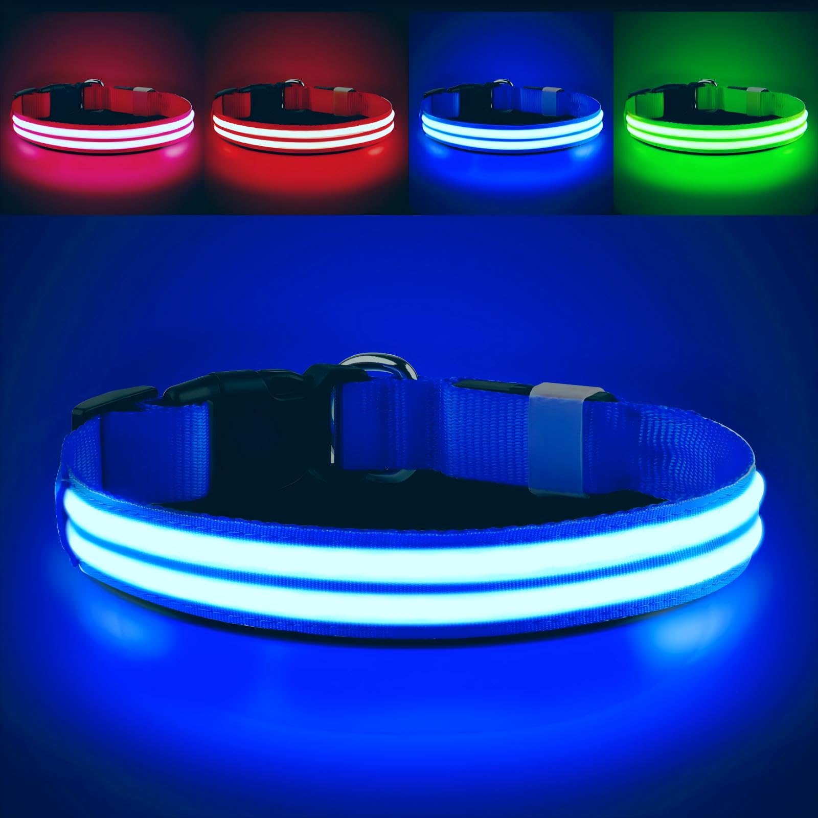 PcEoTllar Light Up Dog Collar - Rechargeable, Waterproof, Adjustable LED Collar for Night - Flashing, Glowing for Small Medium Large Dogs - Blue-S