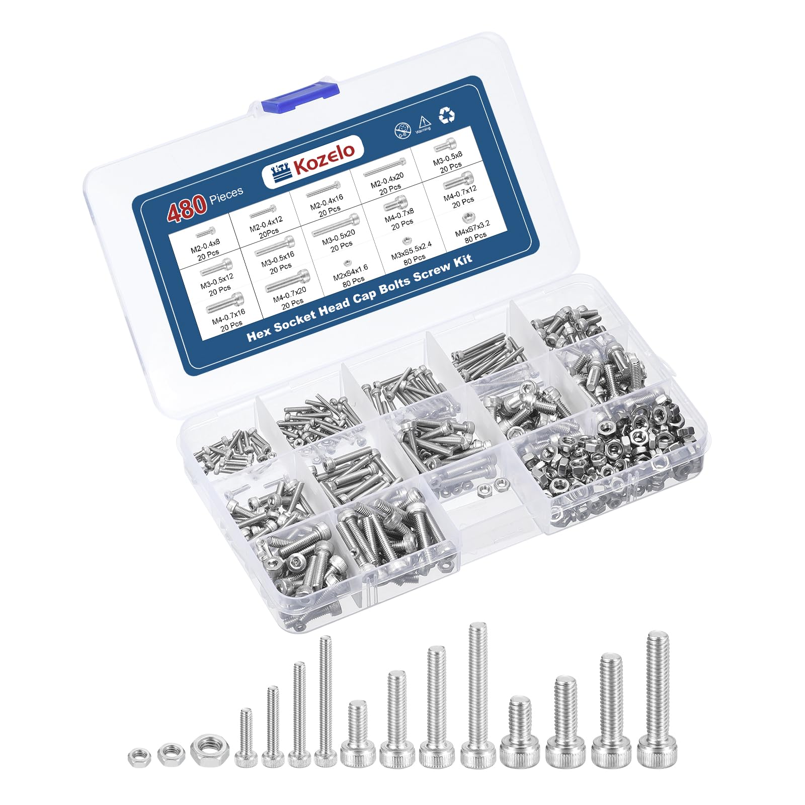 Kozelo 480pcs Socket Head Cap Screws Bolts Nuts Assortment Kit - [M2/M3/M4] 304 Stainless Steel Allen Socket Drive for 3D Printer
