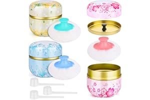 LIFEISLUCK 3 Pieces Body Powder Puff and Container, Baby Powder Container Floral Pattern with Large Fluffy Plush Puff Spoon, Baby Woman Loose Dusting Powder Tea Box for Home & Travel Use (Pink, Blue and Yellow)