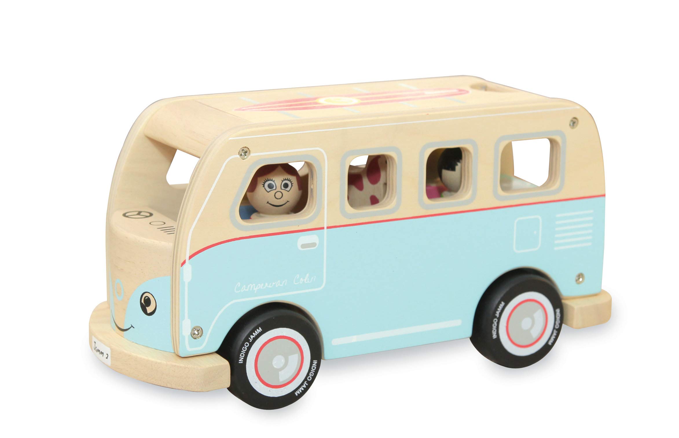 Indigo Jamm Colin Camper Van, Retro Classic Wooden Toy Vehicle holiday van with Removable Roof and Passengers for 18 months +