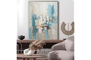 MINGDIAN ART 3D Blue Abstract Canvas Wall Art for Office,Hand Painted Abstract Oil Painting For Corridor, Large Textured Wall Decoration for Living Room Décor 28x40 inches