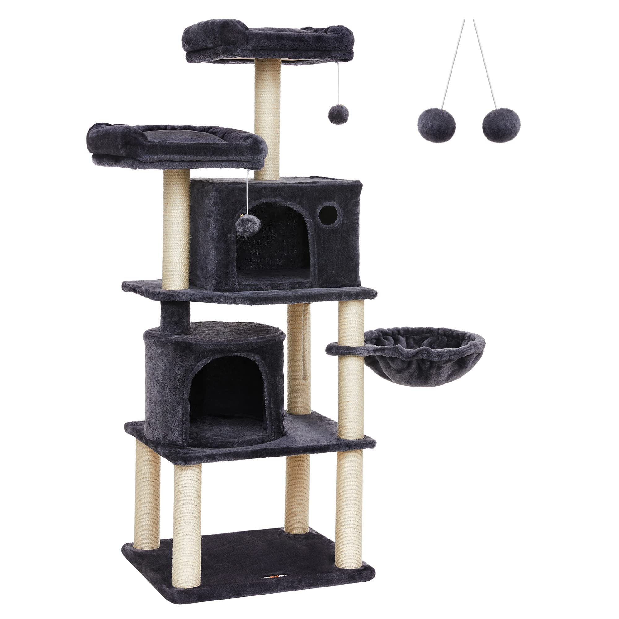 FEANDREA Cat Tree, Tall Cat Tower, 2 Caves, Smoky Grey PCT90G