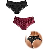 ohmydear Womens Sexy Cheeky Panties Lace Thongs Hipster Back Crisscross Strappy Underwear Plus Size Bikini Briefs XS-4XL