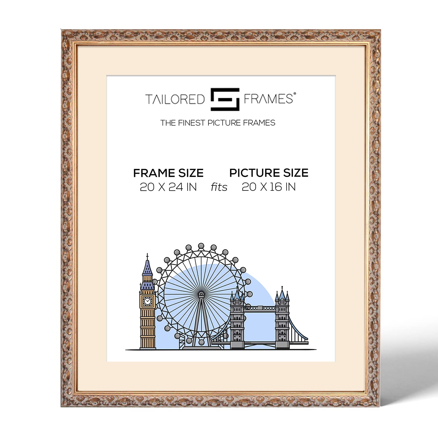 Tailored Frames Vienna Gold 24" x 20" Frame for 20" x 16" Picture | Rustic Style Vintage Single Picture Frame | Wall Hanging Type | Photo Frame with Antique White Mount