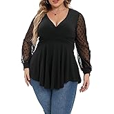 Gocolloa Plus Size Tops for Women Lace Long Sleeve Fall Shirts Casual Dressy Wrap V Neck Pleated Tunic Top