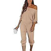 PRETTYGARDEN Two Piece Sets for Women 2026 Casual Ribbed Knit Off Shoulder Tops Lounge Pants Fall Tracksuits Winter Clothes
