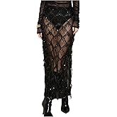 MakeMeChic Women's Sequin Midi Skirts Sheer Fringe Glitter Sparkly Party Club Cover Up Pencil Skirts