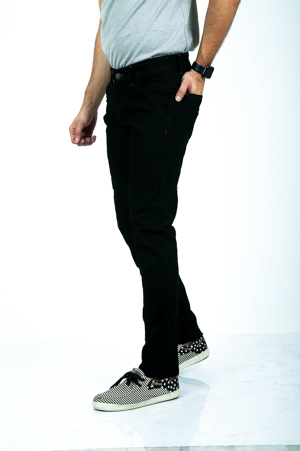 moudlin black polo fit stretch jeans for men by maruti online