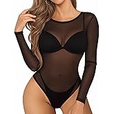 MANGOPOP Women's Mesh Bodysuit Sheer Geo Print Short Sleeve Long Sleeve Body Suit Sexy See Through Shirt Tops