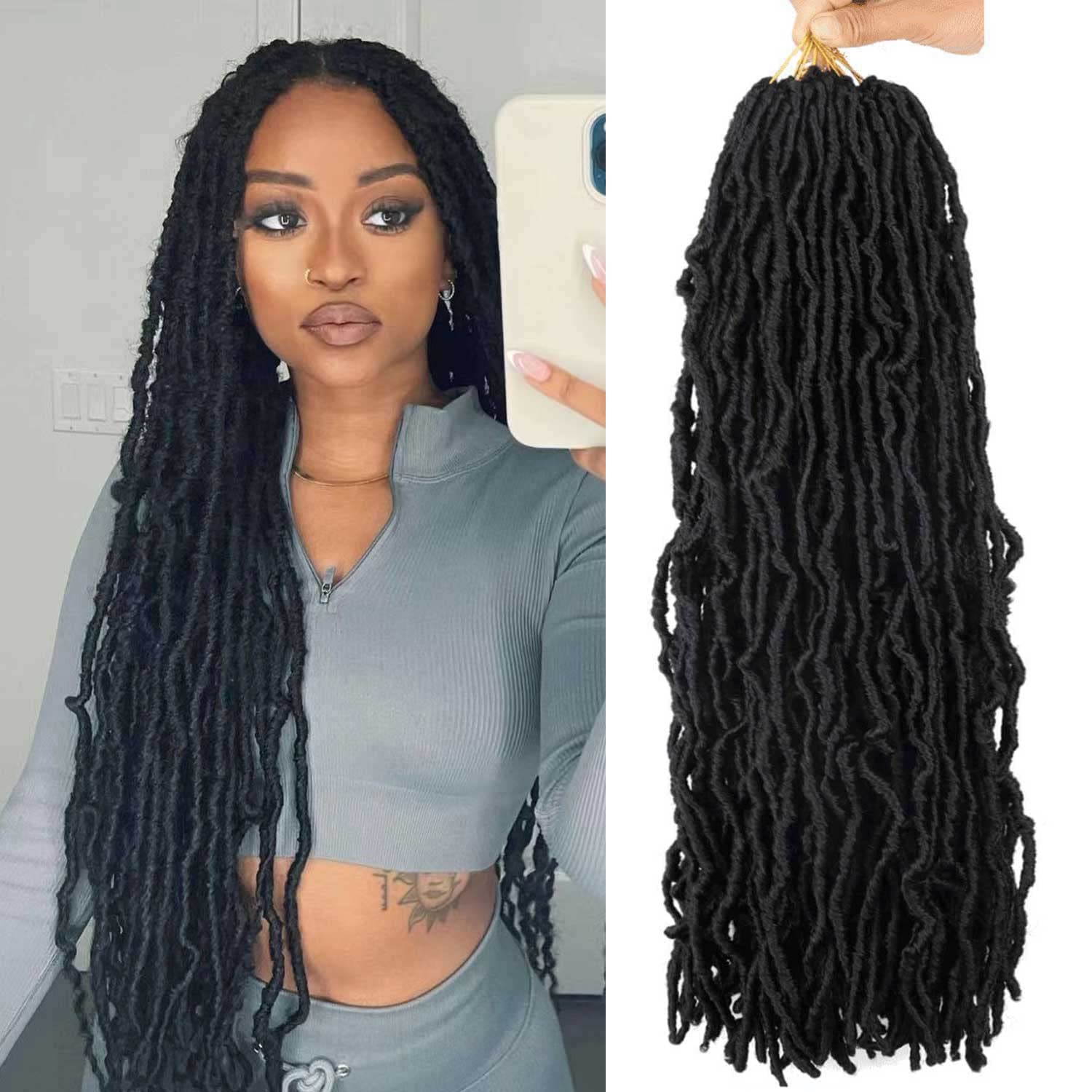 Alaleibaby Faux Locs 24 Inch Crochet Hair New Soft Locs 6 Packs/Lot Curly Wavy Pre-Looped Faux Locs Goddess Synthetic Fiber Hair Extensions (24 Inch, 1B)