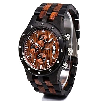 BEWELL W109D Herrenuhr Analoganzeige Japanisches Quarzwerk mit Sandelholz Uhrenarmband Kalender und Stoppuhrfunktion