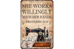 MOCOZIM Retro Metal Tin Sign Love Sewing Poster, She Works Willingly with Her Hands, Vintage Sewing Lover Gift,Sewing Room Wall Art Home Decor Craft Room Decor,Wall Decoration Plaques 8X12Inch