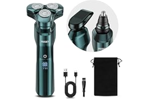 PRASKY Electric Razor for Men, 3-in-1 Face Shaver, Rotary LED Display, Rechargeable, Floating Head, Replaceable Blades, Portable Wet and Dry Travel Beard Trimmer, Hair Clippers Kit, Ideal Gift