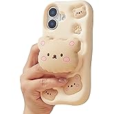 TUFTA Kawaii 3D Teddy Bear Phone Case for iPhone 17 (with Retractable Phone Stand & Grip) Cute Girly Cartoon Soft Silicone Phone Cover for Girls, Kids, Teens, and Women, Beige