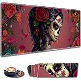 XL Large Gaming Mousepad, 31.5x11.8 Inches Desk Mat + Coaster 2 in 1 Set, Seamed Edge Design, Suitable for Desktop Computers, Laptops and Office, Sugar Skull Girl Roses