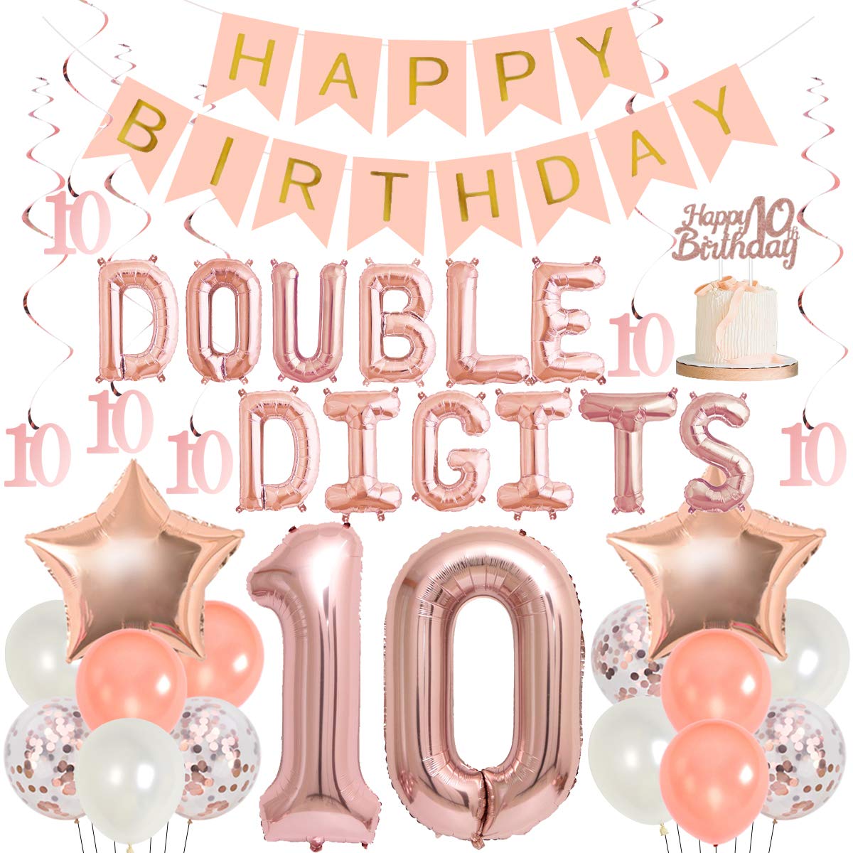 10th Birthday Decoration Girl Rose Gold Pink Double Digits 10 Birthday Decorations with Number 10 Balloons Hanging Swirls Cake Topper