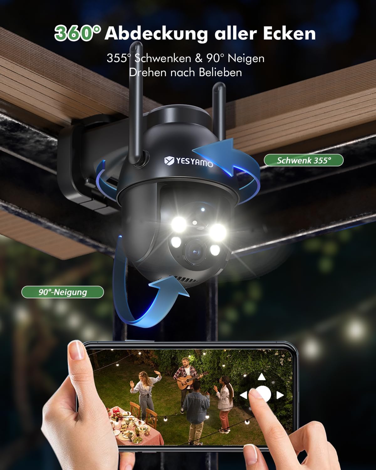 YESYAMO 2K Überwachungskamera Aussen Akku, 355°/90° Pan Tilt WLAN Kamera mit Farbnachtsicht, solar Kamera Überwachung außen, PIR Bewegungsmelder, IP66, Cloud/SD Storage, 2-Wege-Audio, 2,4 GHz WLAN 4