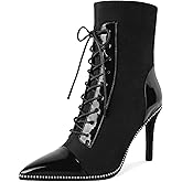 SAMMITOP Women's Lace Up Ankle Boots High Stiletto Heel Pointy Toe Fashion Heeled Booties Silver Beaded Side Zipper Short Boots Shoes 4 Inch