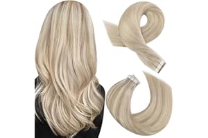Moresoo Tape in Hair Extensions Human Hair Highlighted Hair Extensions Tape in Ash Blonde Highlighted with Bleach Blonde Hair Extensions Real Human Hair Tape in 18 Inch #P18/613 20pcs 50g