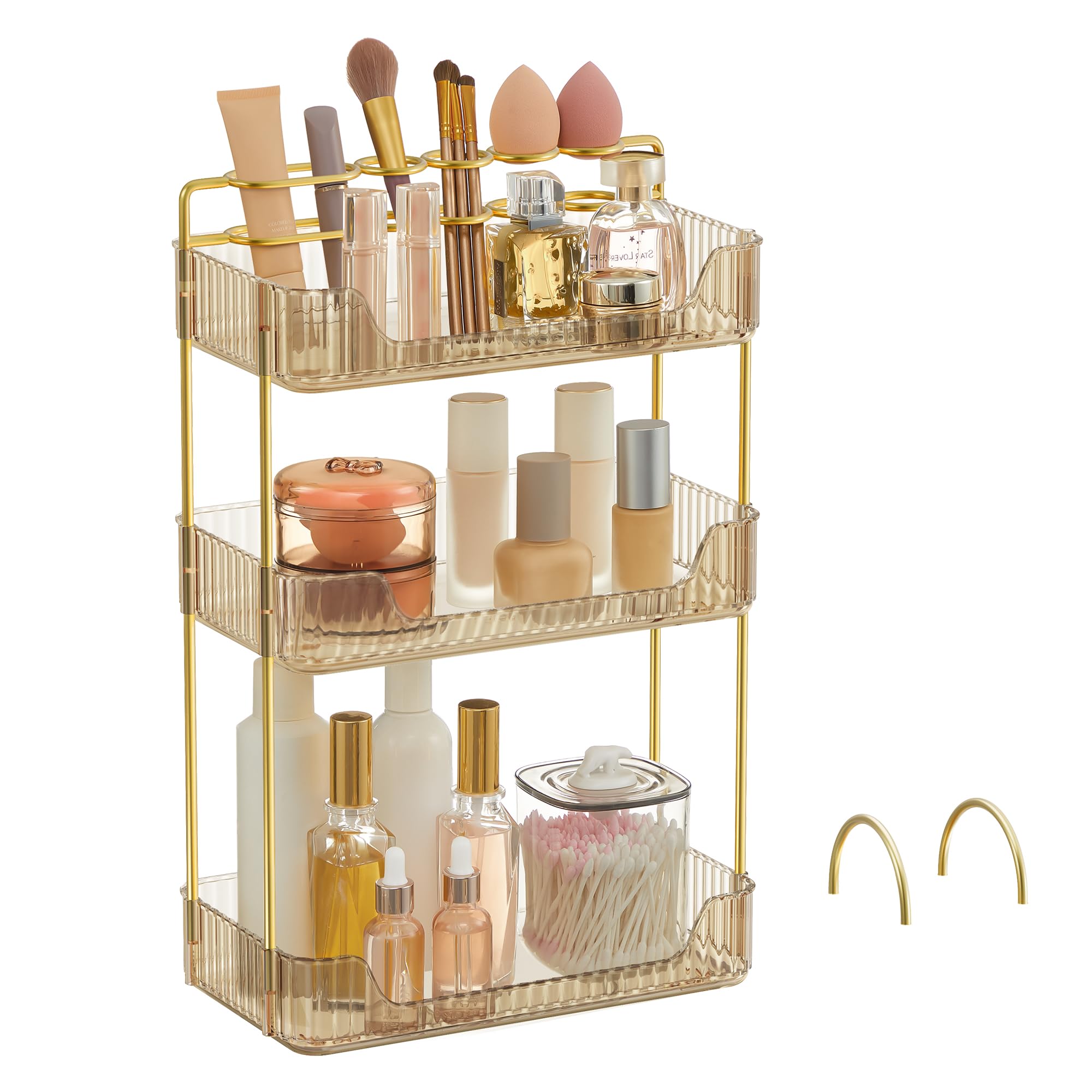 SONGMICS Makeup Organiser, 2 Types of Accessories, 3-Tier Skincare Organiser, Rectangular, Customisable, Jewellery Holder, for Vanity, Gift, Champagne Gold JKA013A01