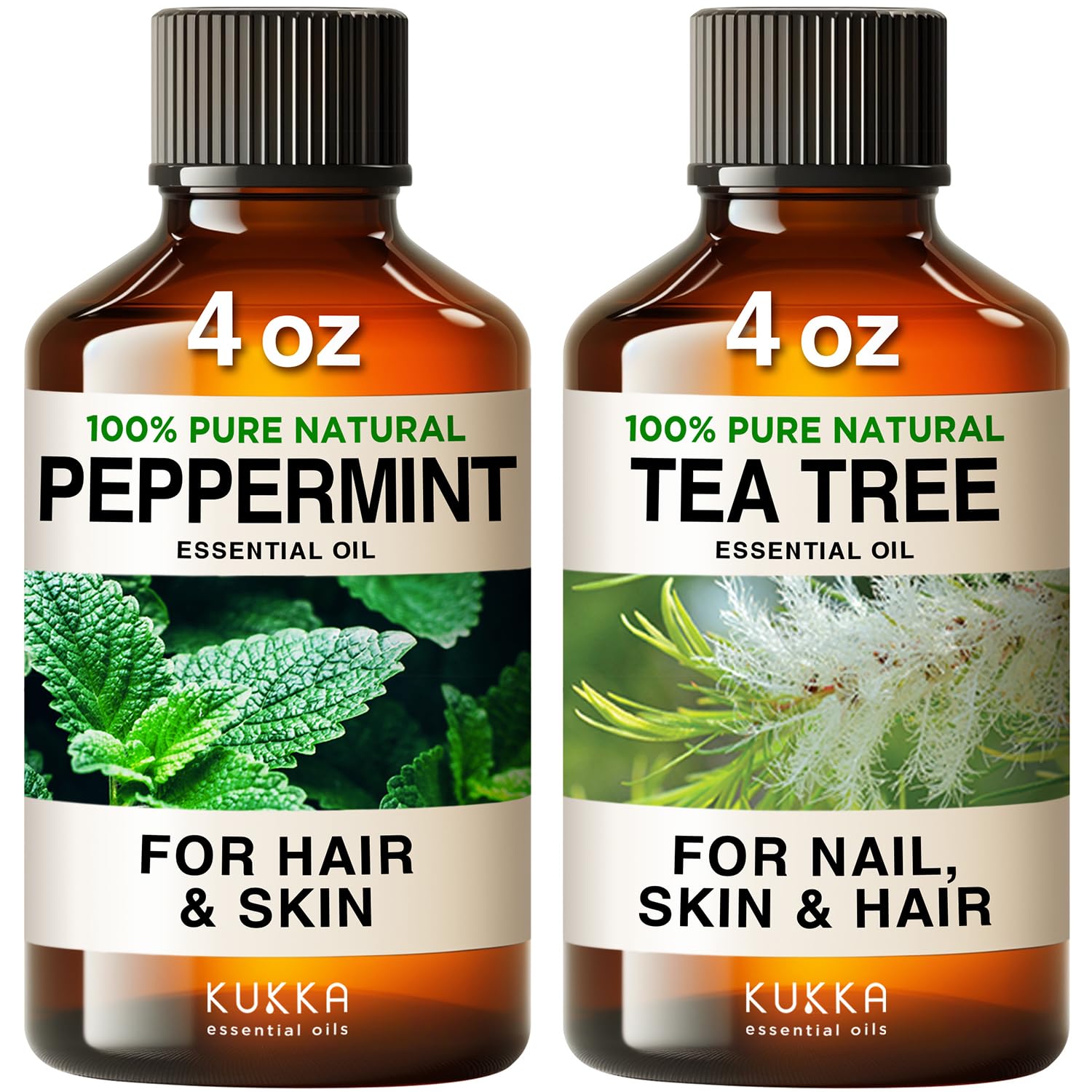 Peppermint Oil for Hair & Tea Tree Oil for Skin Set - 100% Natural Aromatherapy Grade Essential Oils Set - 2x4 fl oz - Kukka
