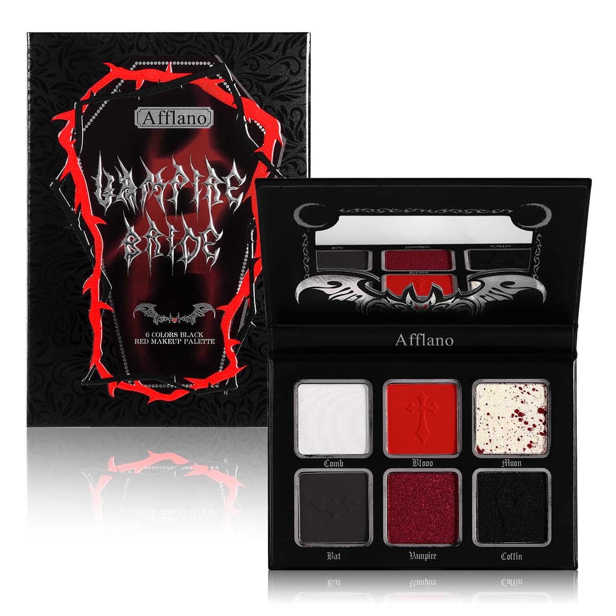 Afflano Goth Makeup Black Red Eyeshadow Palettes, Highly Pigmented Black Gray White Red Eye shadow Pallet With Mirror, Metallic Matte Dark Smokey Eyes Makeup Palette, Halloween SFX Clown Gothic Look