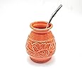 Pure Argentino Ceramic Yerba Mate Gourd With Emboss Calabash Pattern (Coral With Straw)