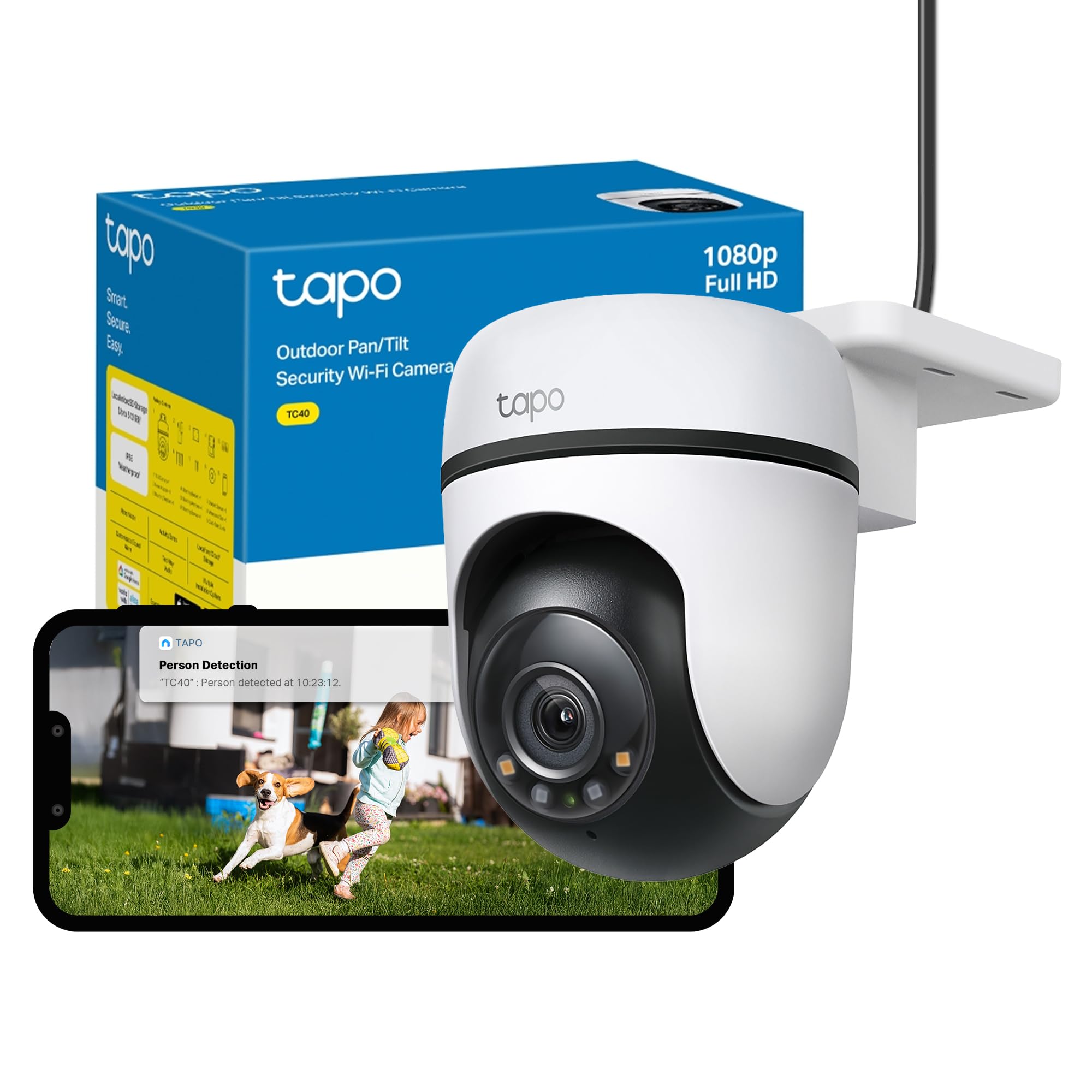 Tapo TC40 Pan/Tilt Smart Security Outdoor Camera, Full HD, 360° Smart Person Detection Motion Tracking, Color Night Vision, WiFi Camera No Monthly Fee, Two-Way Talk, IP65, Works with Alexa & Google
