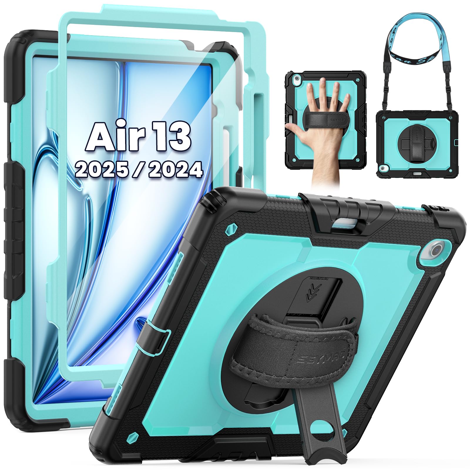 Photo 1 of SEYMAC for iPad Air 13 Inch Case M3 2025/ M2 2024, Heavy Duty Shockproof Protective Case with Screen Protector, 360° Rotating Stand, Hand/Shoulder Strap and Pen Holder for iPad Air 13, Light Blue