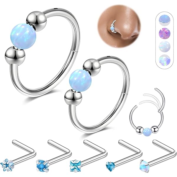 Opal Nose Ring 4-Piece Opal Nose Screw Rings - 20G 316L Surgical Steel Studs In Multiple Colors & Sizes Four Prong CZ Nose Ring - Foto 12