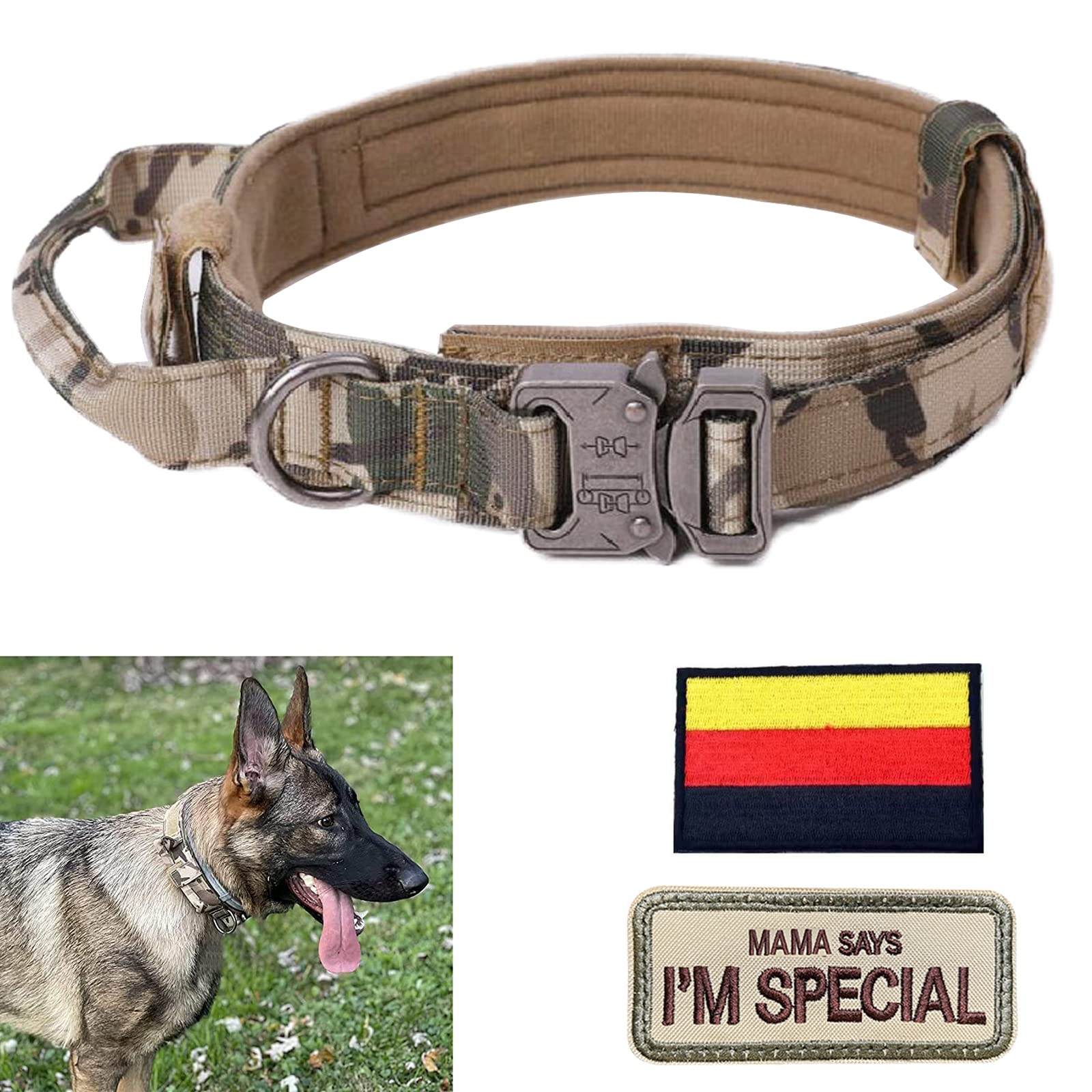 Adjustable Dog Collar with Control Handle, Tactical Collar Nylon, Padded Dog Collar, Metal Buckle, for Medium Large Dogs, Hunting, Training, Outdoor, K9 Grey, L Wide
