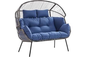 PUGIRE Patio Chairs Outdoor Egg Chair - 2 Person Wicker Patio Lounge Cuddle Chair with Cushions and Pillow Rattan Tear Drop Basket Egg Chair for Outside Porch Deck Backyard Garden(Grey/Blue)