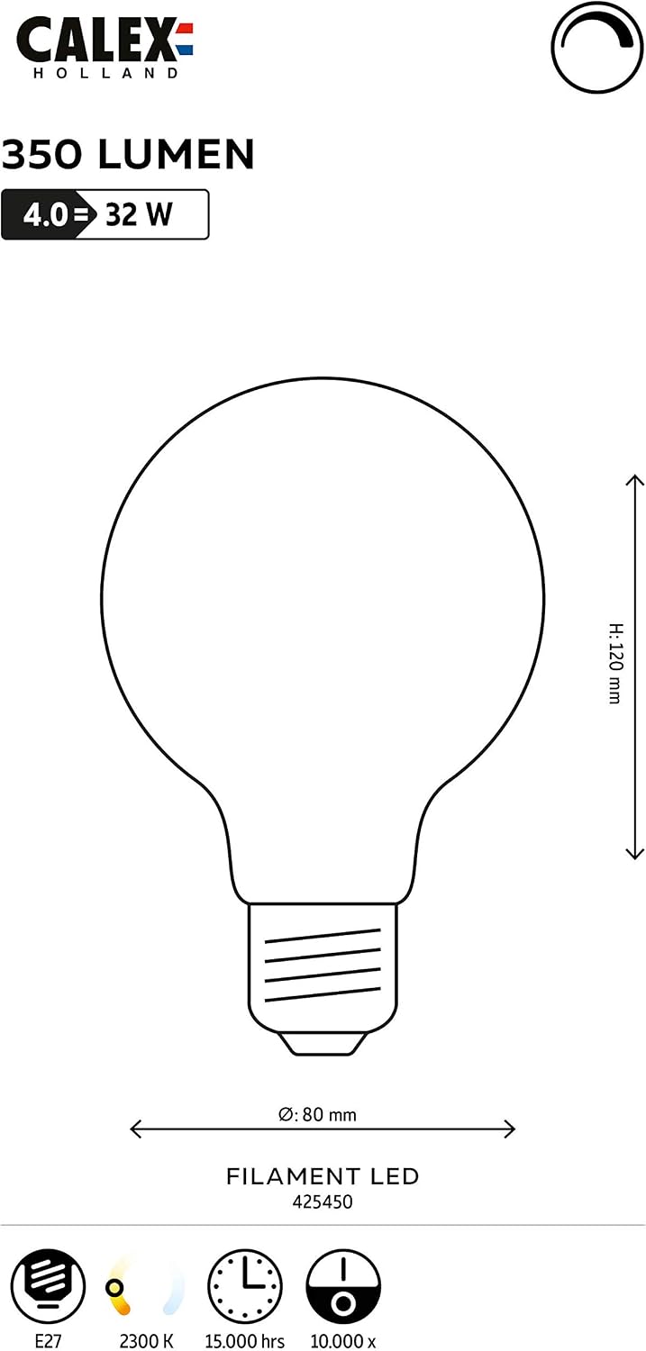 Calex Globelampe LED-Filament 4W (ersetzt 40W) E27 Klar 80mm, Clear - Image 3