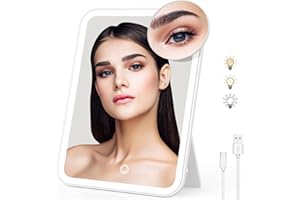 Naseto Travel Makeup Mirror with Lights & 10X Magnetic Magnification, 9.4"x6.7" Dimmable 3 Color LED Lighted Rechargeable Vanity Mirror with 360° Angle, Portable Compact Cosmetic Mirror for Women