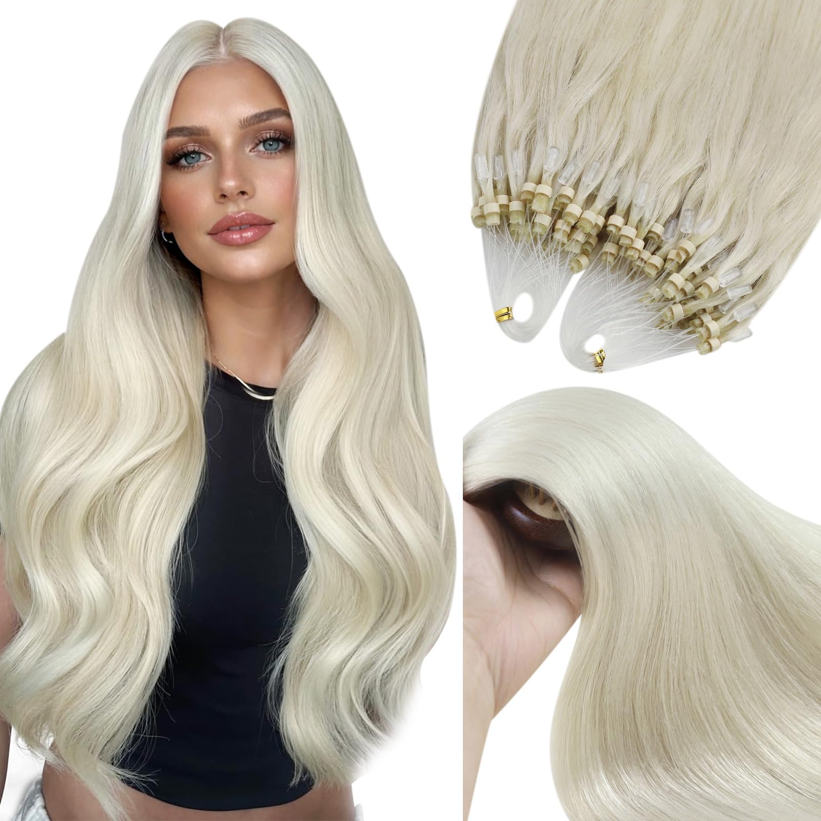 YoungSee Micro Loop Hair Extensions Blonde 14inch Short Straight Micro Beads Hair Extensions Platinum Blonde Microring Human Hair Extension White Blonde for Women 50g Cold Fusion 50s Lightweight