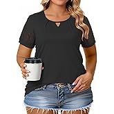VISLILY Womens-Plus-Size-Summer-Tops Dressy Lace Short Sleeve T Shirts Casual Keyhole Crewneck Blouses Trendy Pleated Tunics
