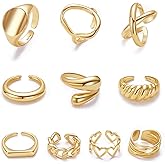 MOROYA 10PCS Gold Dome Chunky Rings for Women 18K Gold Plated Braided Twisted Round Signet Rings Adjustable Open Ring Band Statement Jewelry Size 7-9