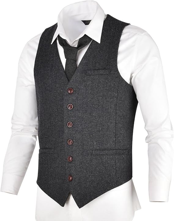 VOBOOM Herren Slim Fit Tweed Anzug Premium Weste aus Wollmischung mit